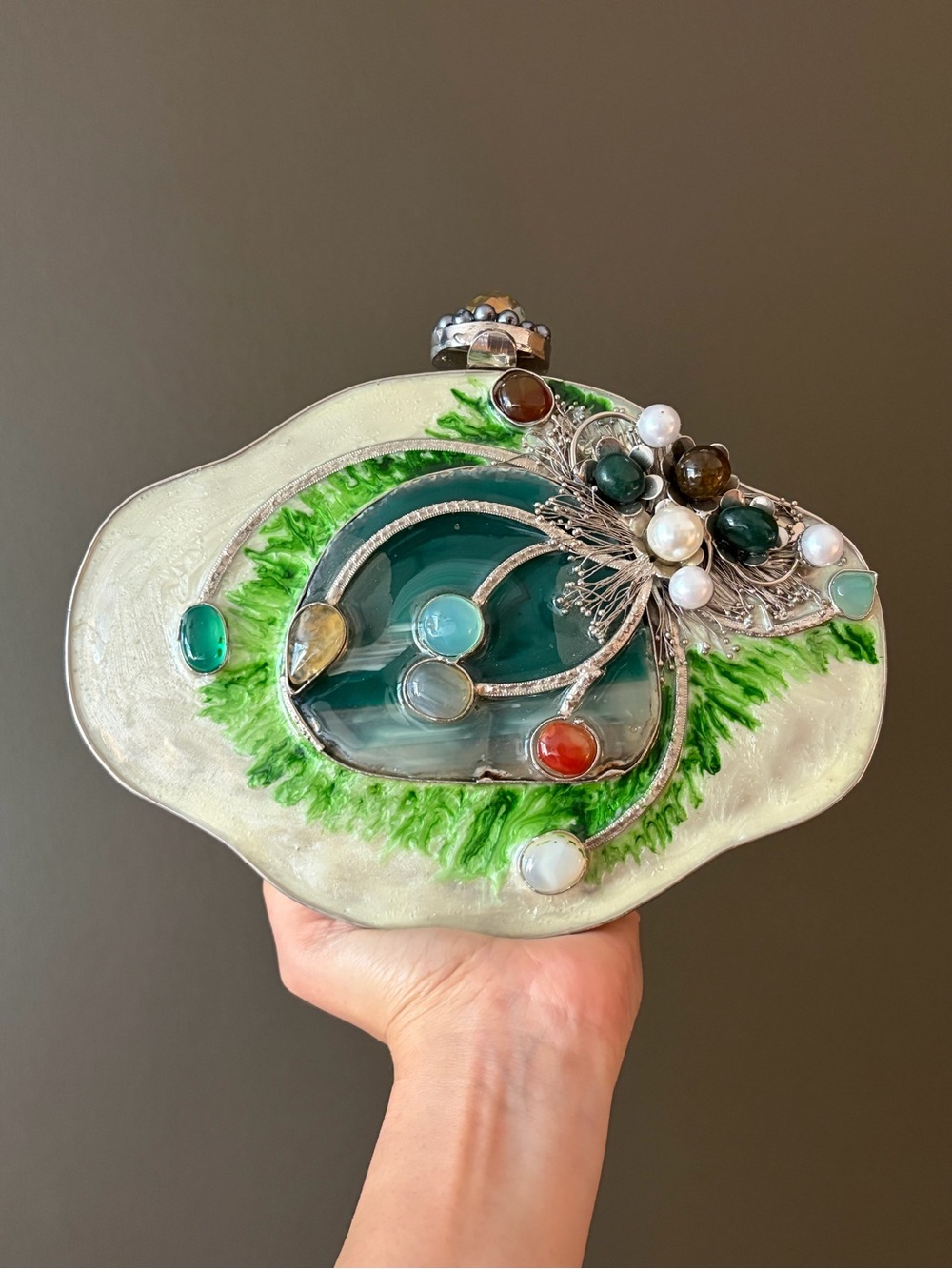 Artisan Green Agate & Pearl Decorative Clutch